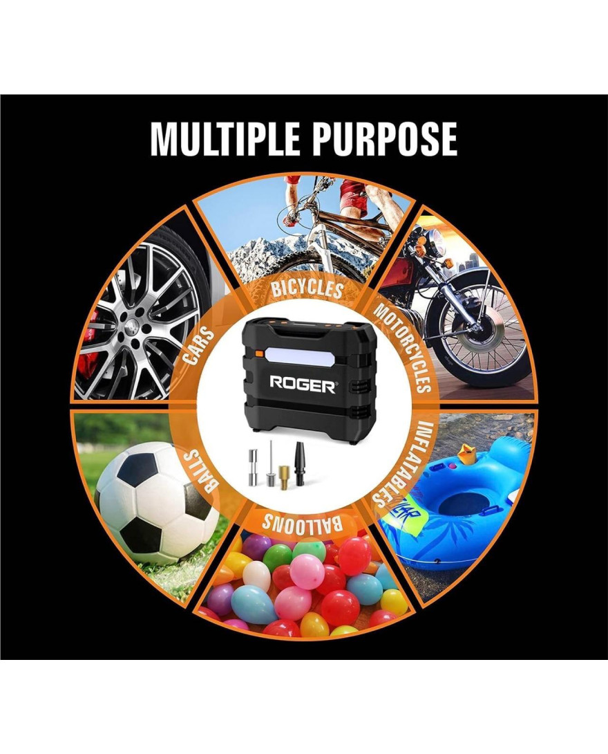 Roger Portable 12V DC Air Compressor Pump with Digital Gauge, Auto Shut-Off & LED Light | Tyre Inflator | OB 285